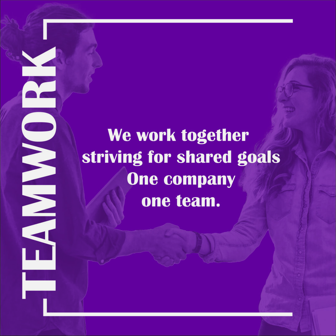 Teamwork- We work together striving for shared goals. One company, one team. 